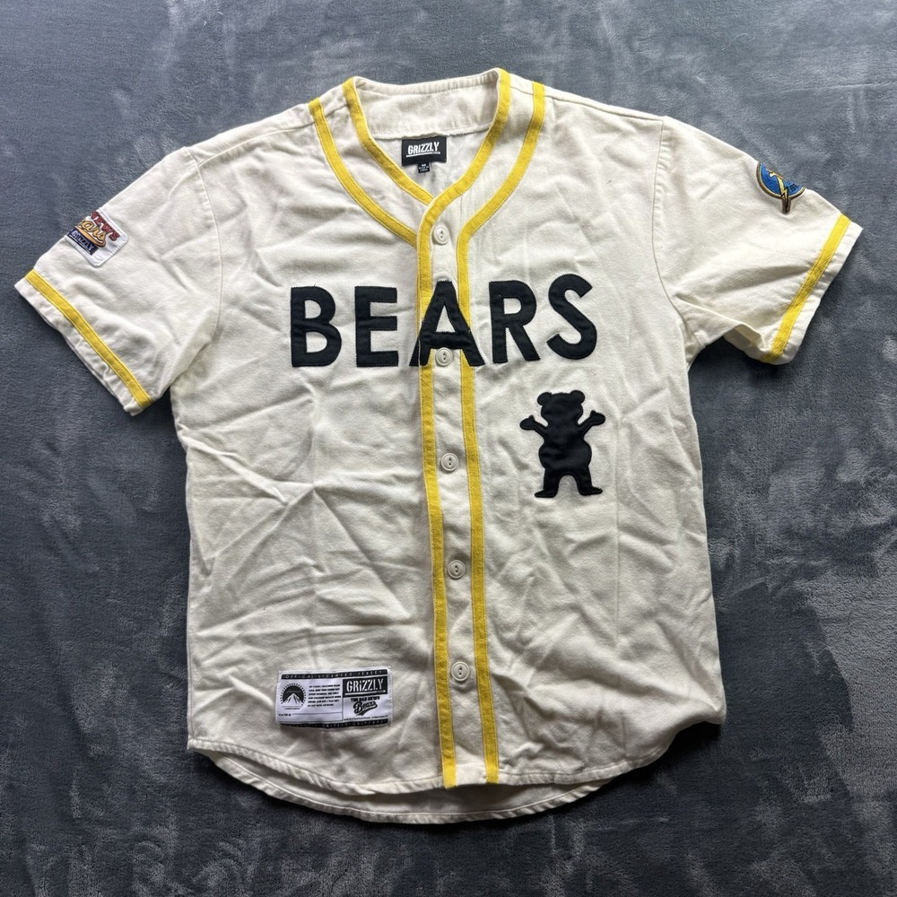 Bad News Bears Baseball Jersey Mens M Ivory Yellow Grizzly Skate Button Up